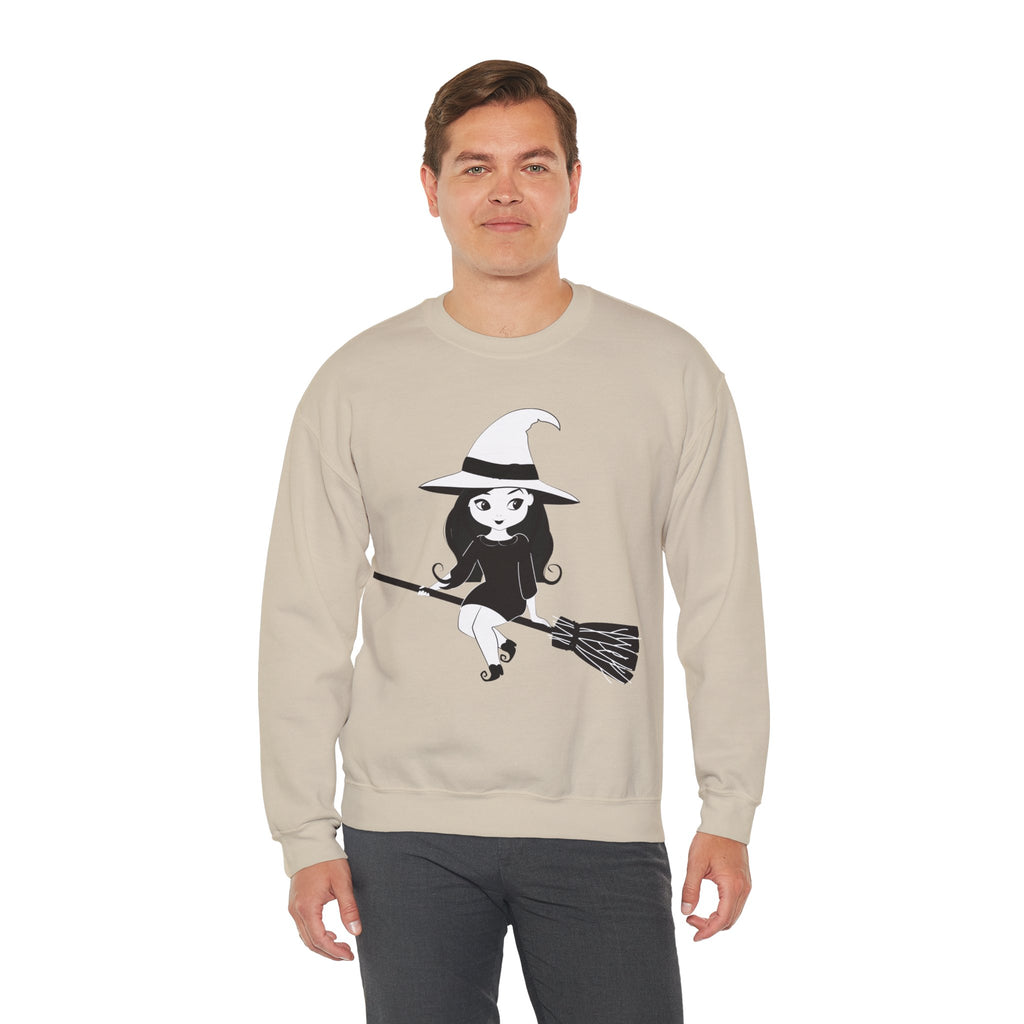Witch on Broom Crewneck Sweatshirt — Cute Retro Halloween Witch Graphic