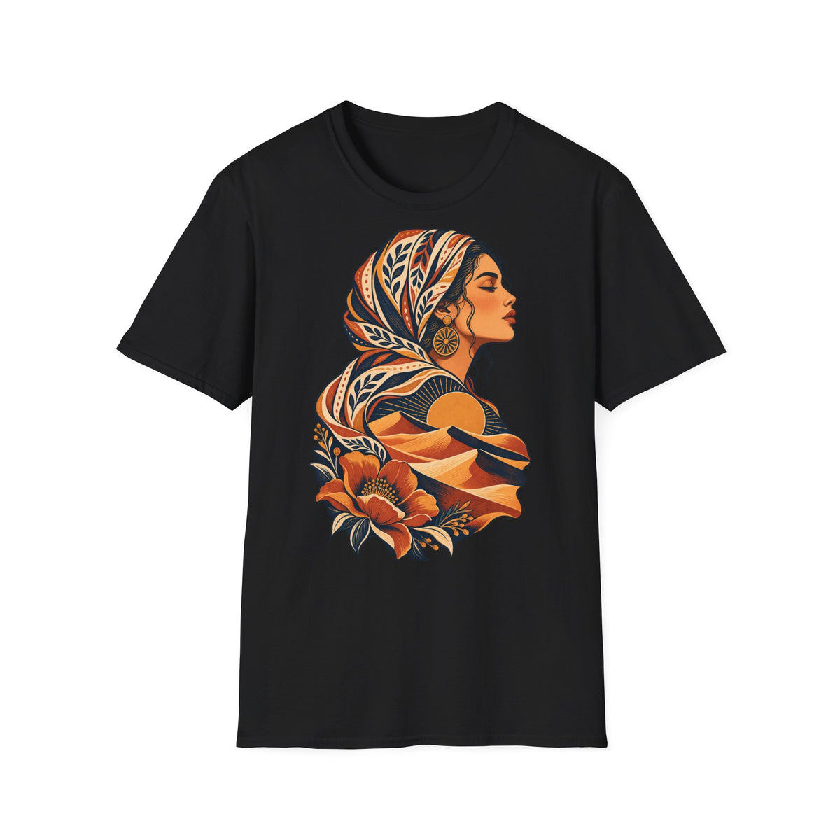 Floral Headwrap Portrait T-Shirt — Boho Vintage Woman Graphic Tee