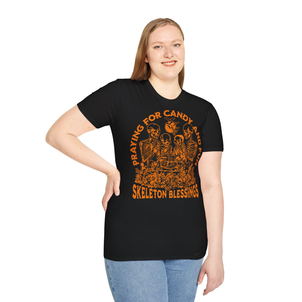 Skeleton Blessings Halloween T-Shirt — "Praying for Candy and Fun" Graphic Tee