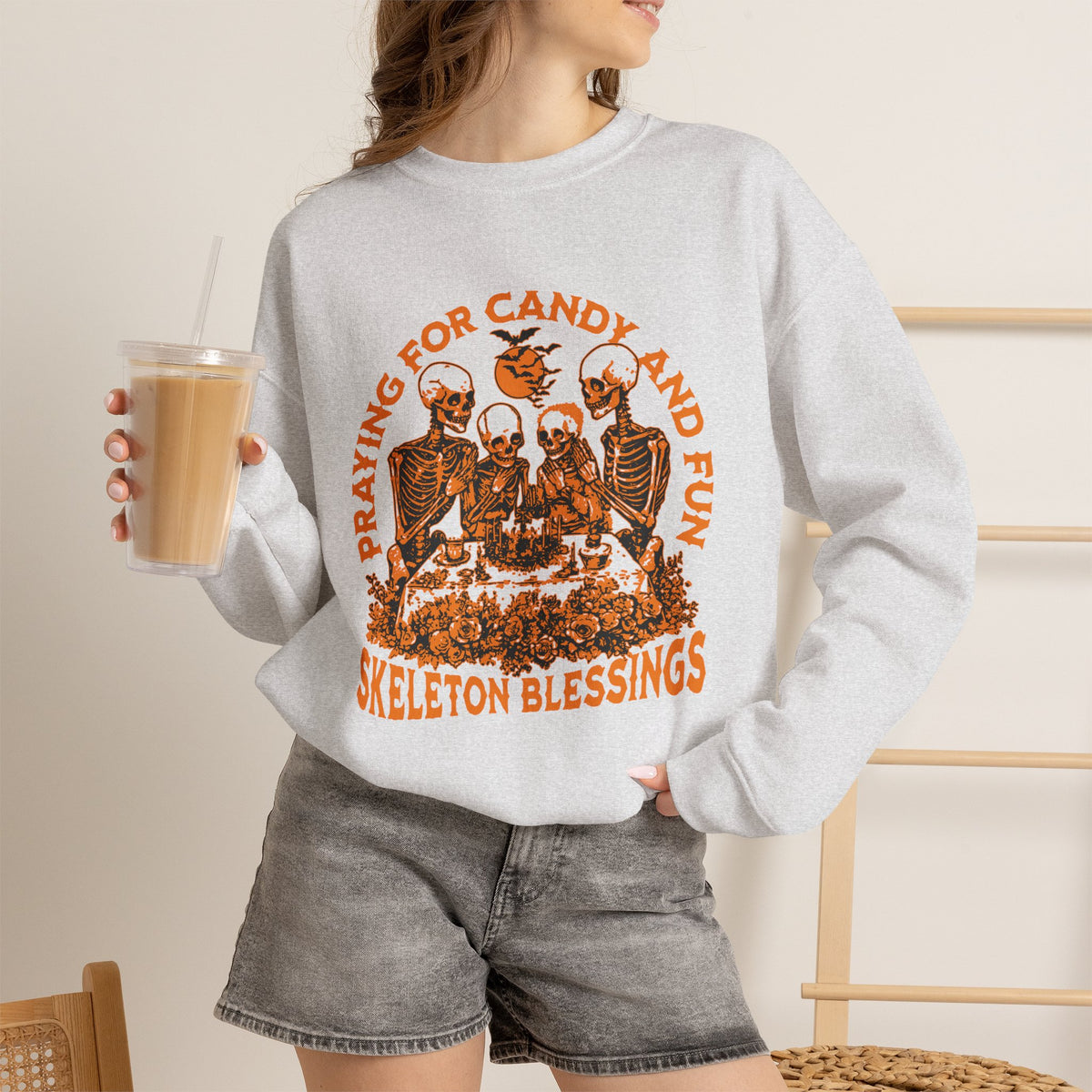 Skeleton Blessings Crewneck Sweatshirt — Praying for Candy and Fun Halloween Sweater