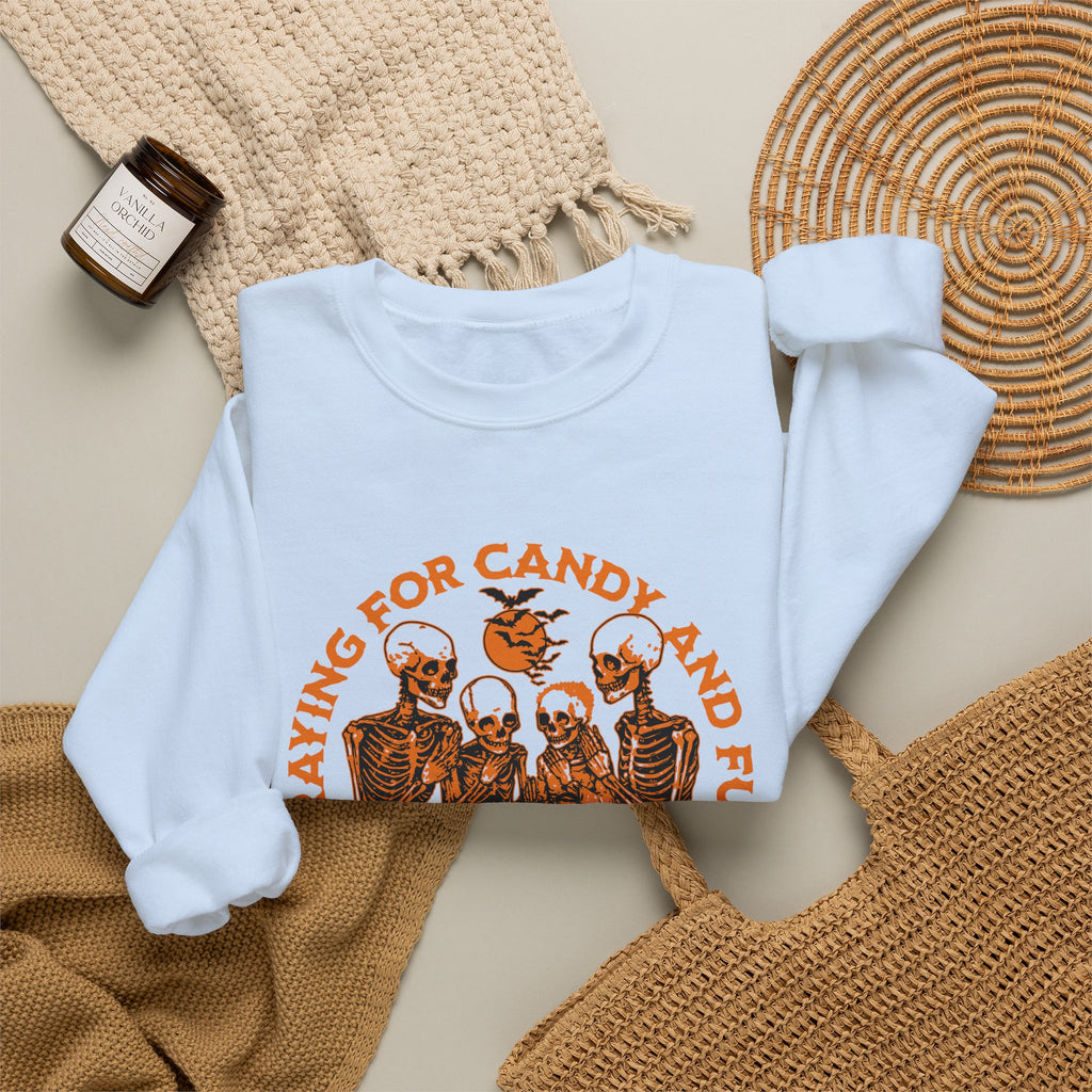 Skeleton Blessings Crewneck Sweatshirt — Praying for Candy and Fun Halloween Sweater