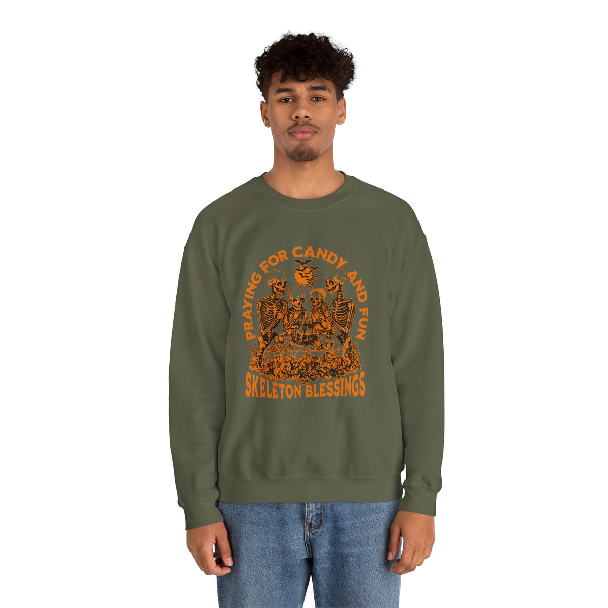 Skeleton Blessings Crewneck Sweatshirt — Praying for Candy and Fun Halloween Sweater