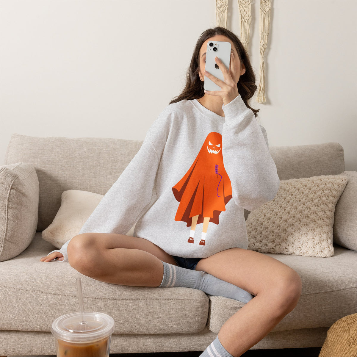 Halloween Ghost Costume Sweatshirt — Cute Spooky Ghost Holding Lollipop Crewneck