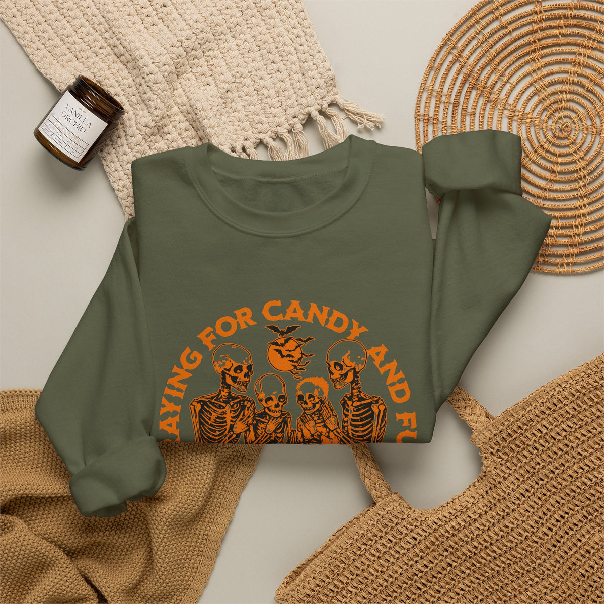Skeleton Blessings Crewneck Sweatshirt — Praying for Candy and Fun Halloween Sweater