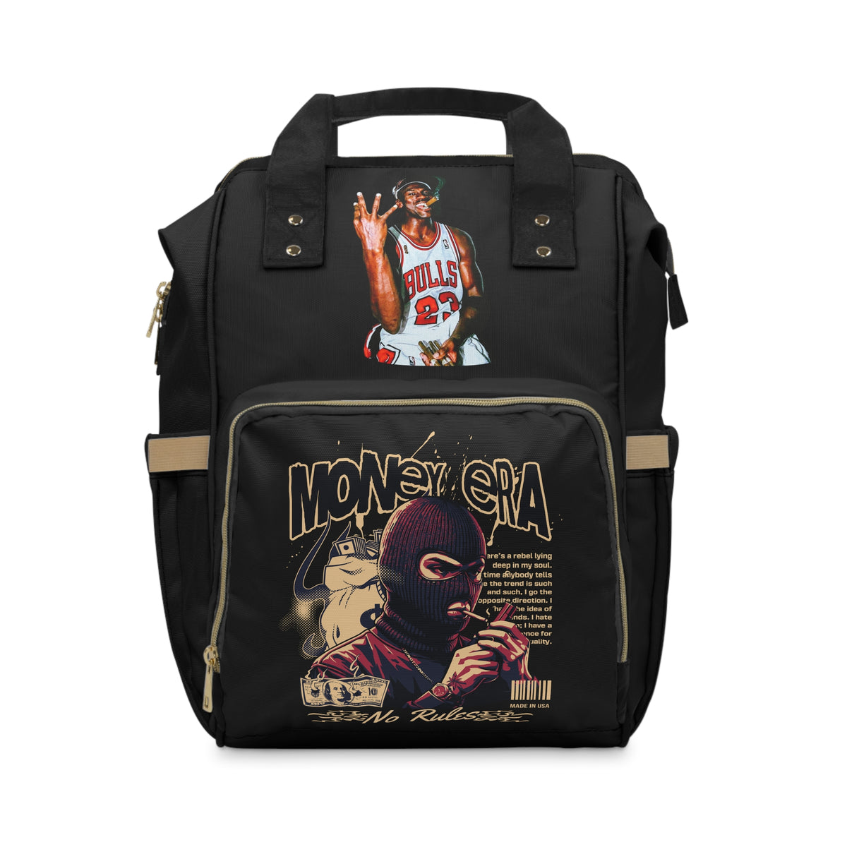 Edgy Urban Money Era Diaper Backpack — Multifunctional Baby Bag with Graphic Print