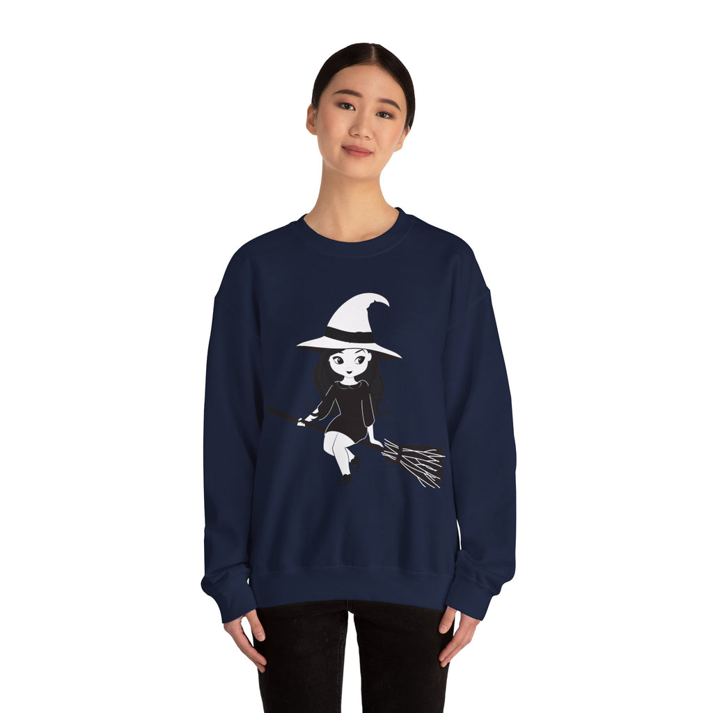 Witch on Broom Crewneck Sweatshirt — Cute Retro Halloween Witch Graphic