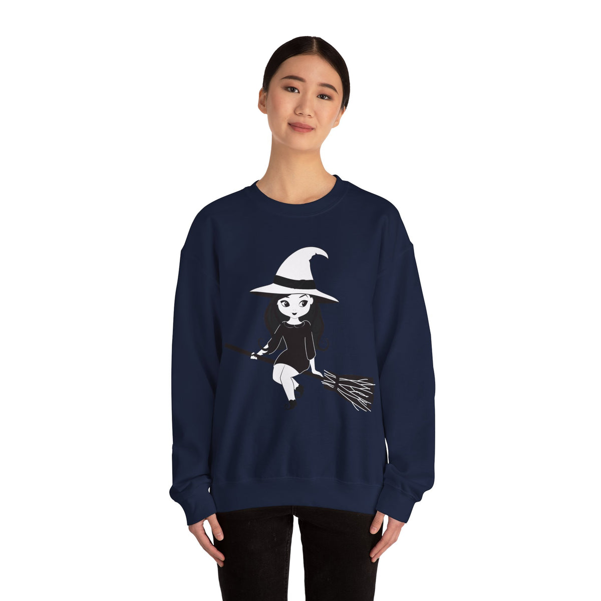 Witch on Broom Crewneck Sweatshirt — Cute Retro Halloween Witch Graphic