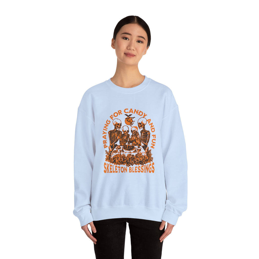 Skeleton Blessings Crewneck Sweatshirt — Praying for Candy and Fun Halloween Sweater