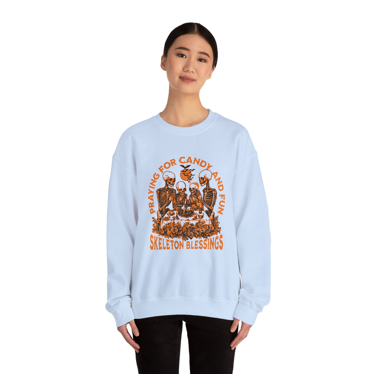 Skeleton Blessings Crewneck Sweatshirt — Praying for Candy and Fun Halloween Sweater