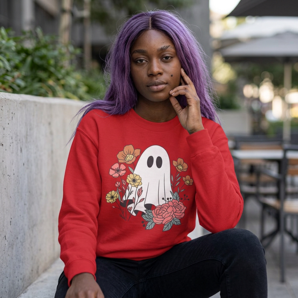 Cute Floral Ghost Sweatshirt – Halloween Crewneck Pullover
