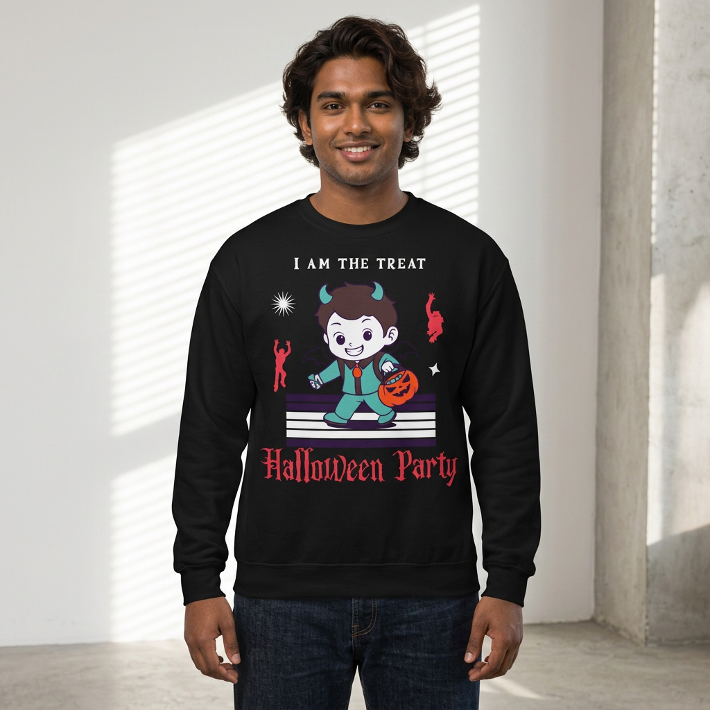 Halloween Party Sweatshirt — "I Am The Treat" Cute Devil Kid Costume Crewneck