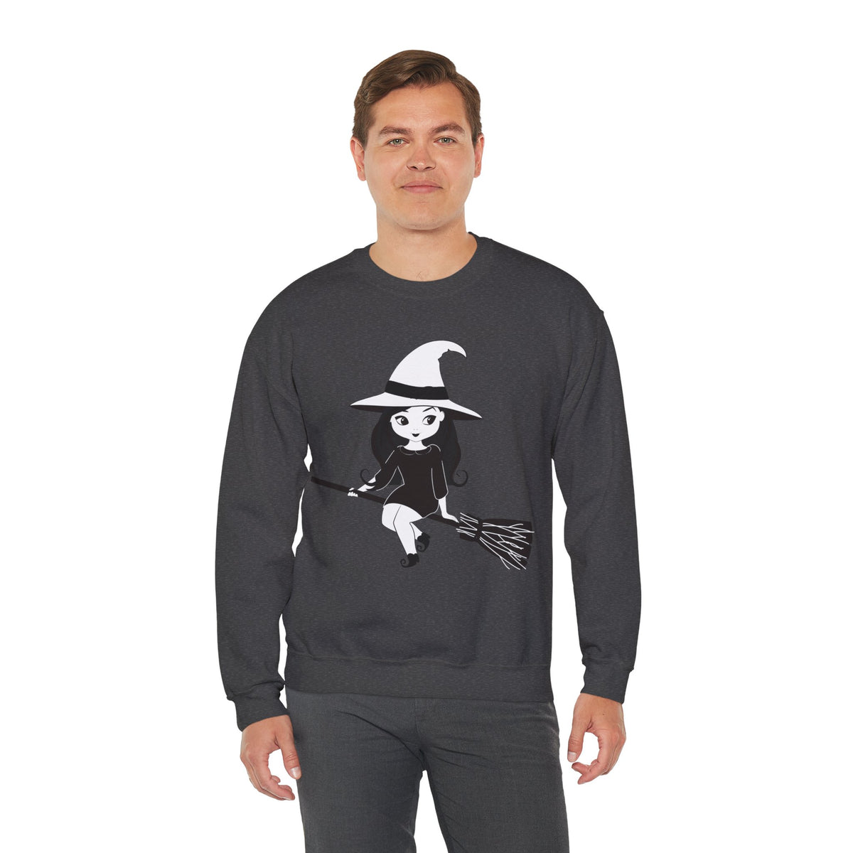 Witch on Broom Crewneck Sweatshirt — Cute Retro Halloween Witch Graphic