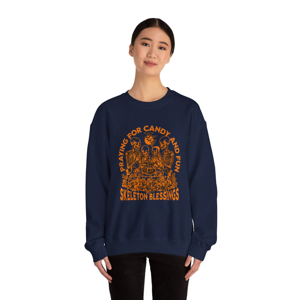 Skeleton Blessings Crewneck Sweatshirt — Praying for Candy and Fun Halloween Sweater