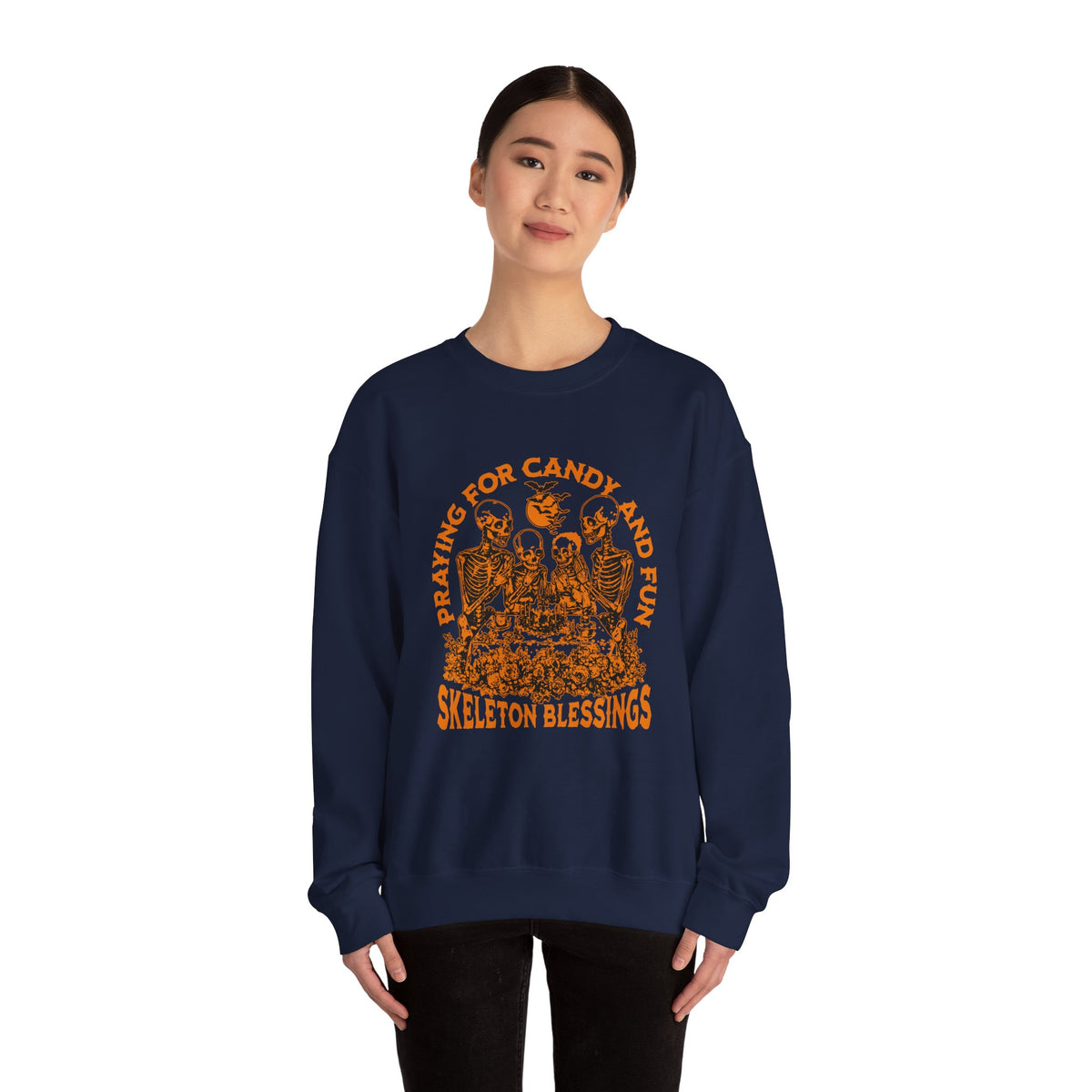 Skeleton Blessings Crewneck Sweatshirt — Praying for Candy and Fun Halloween Sweater