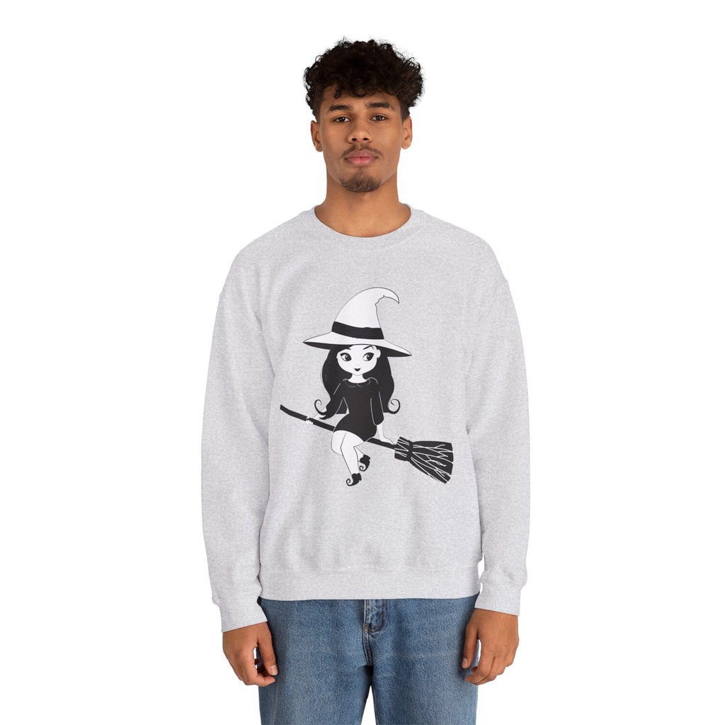 Witch on Broom Crewneck Sweatshirt — Cute Retro Halloween Witch Graphic