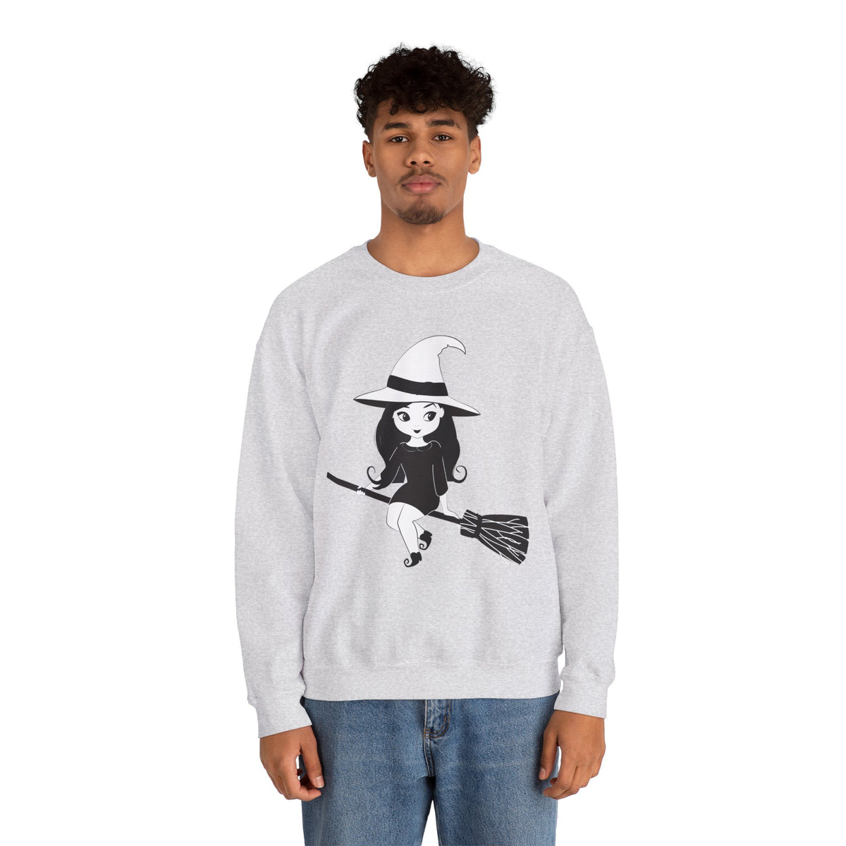 Witch on Broom Crewneck Sweatshirt — Cute Retro Halloween Witch Graphic
