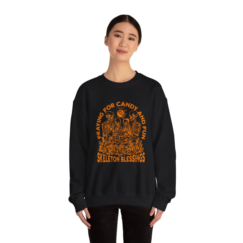 Skeleton Blessings Crewneck Sweatshirt — Praying for Candy and Fun Halloween Sweater