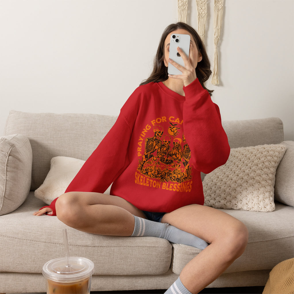 Skeleton Blessings Crewneck Sweatshirt — Praying for Candy and Fun Halloween Sweater
