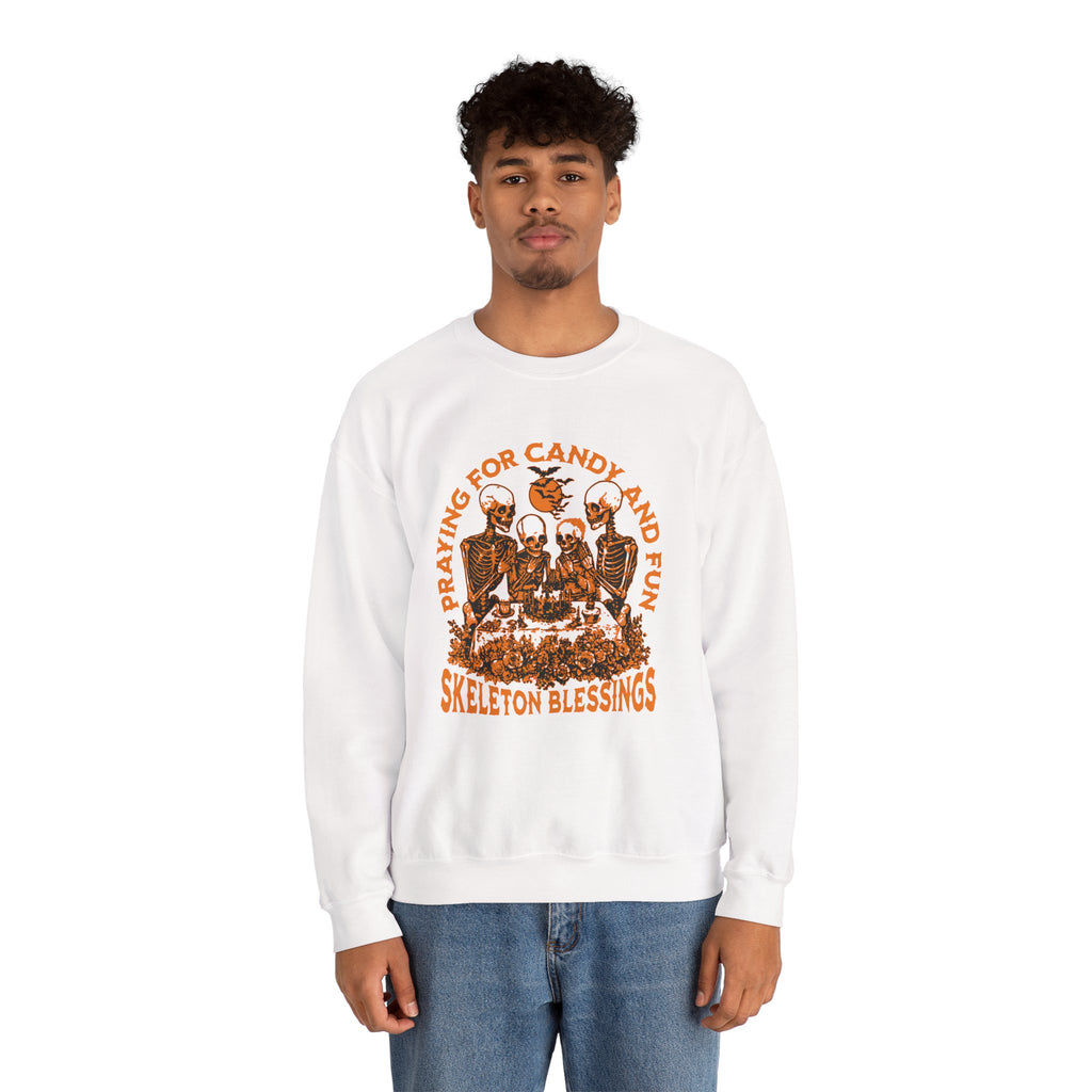 Skeleton Blessings Crewneck Sweatshirt — Praying for Candy and Fun Halloween Sweater