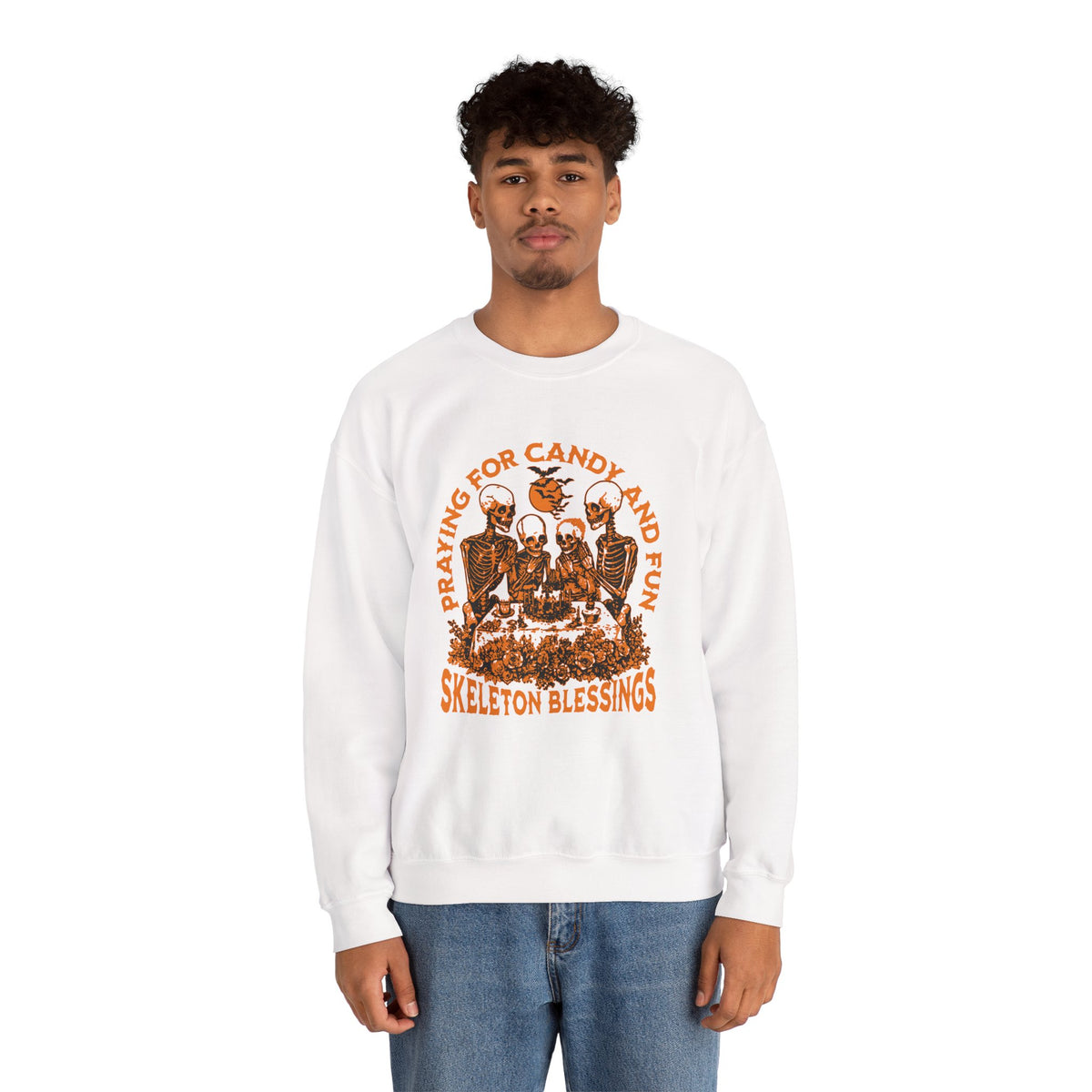 Skeleton Blessings Crewneck Sweatshirt — Praying for Candy and Fun Halloween Sweater