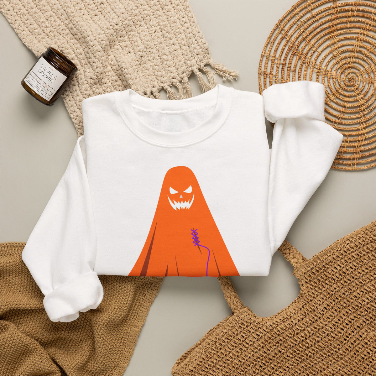 Halloween Ghost Costume Sweatshirt — Cute Spooky Ghost Holding Lollipop Crewneck