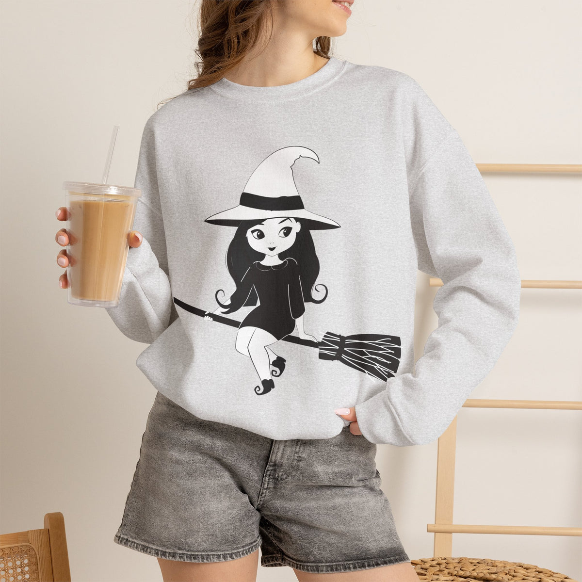 Witch on Broom Crewneck Sweatshirt — Cute Retro Halloween Witch Graphic