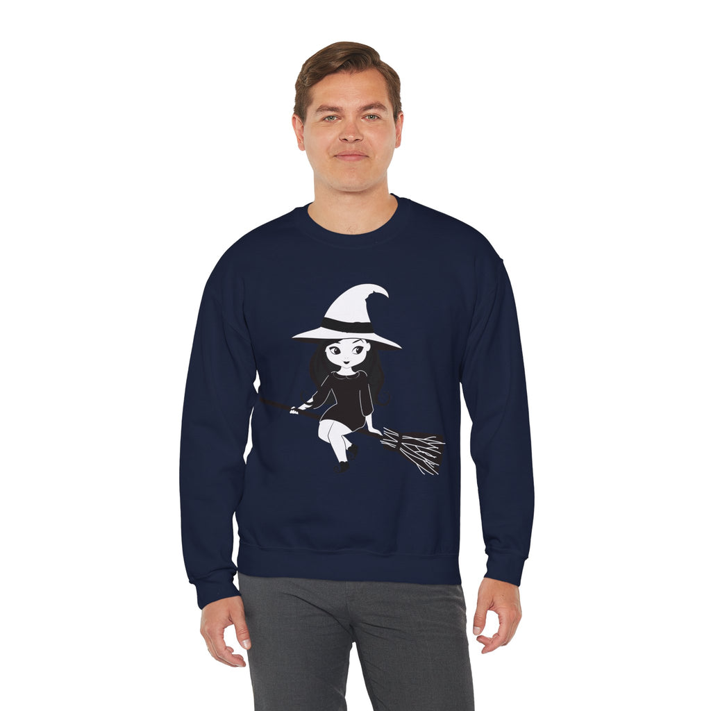 Witch on Broom Crewneck Sweatshirt — Cute Retro Halloween Witch Graphic