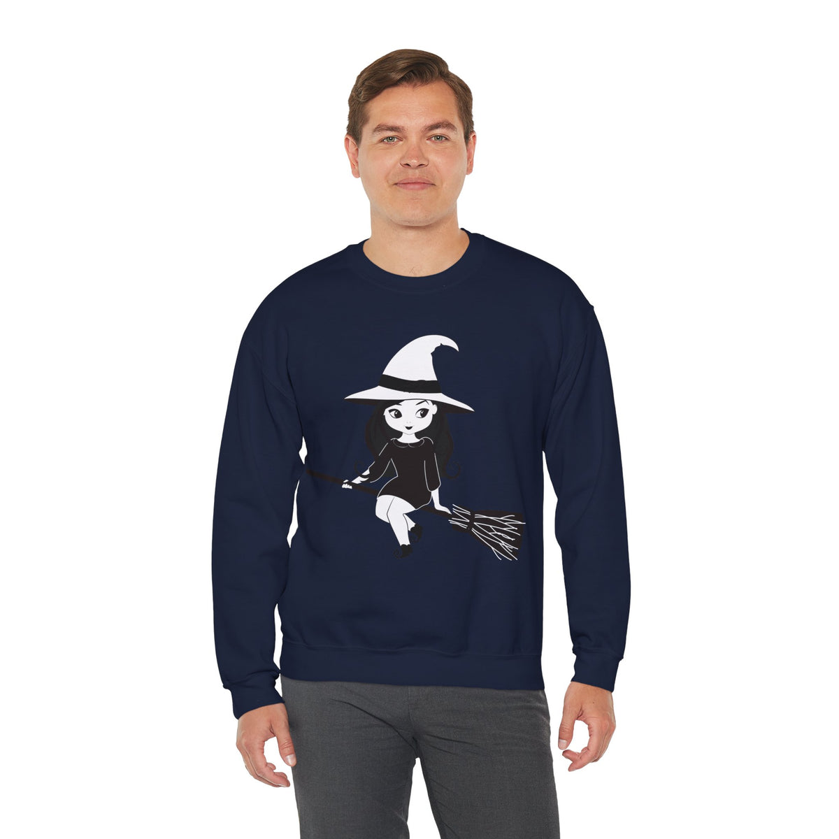 Witch on Broom Crewneck Sweatshirt — Cute Retro Halloween Witch Graphic