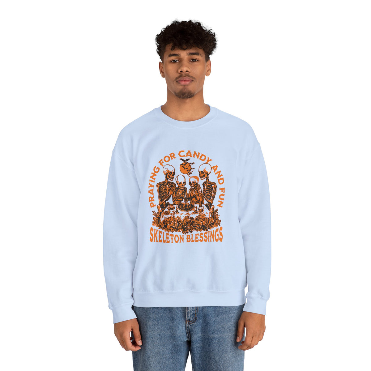 Skeleton Blessings Crewneck Sweatshirt — Praying for Candy and Fun Halloween Sweater