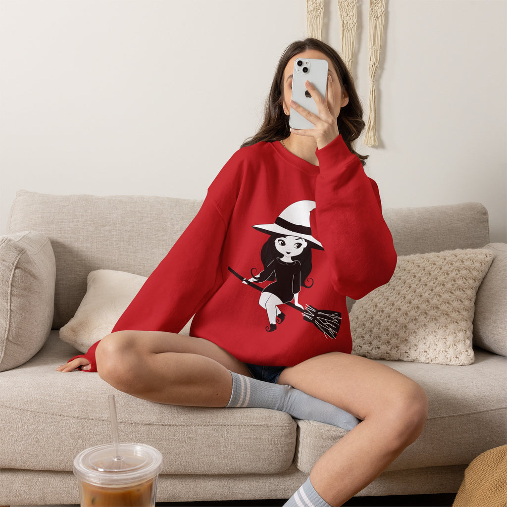 Witch on Broom Crewneck Sweatshirt — Cute Retro Halloween Witch Graphic