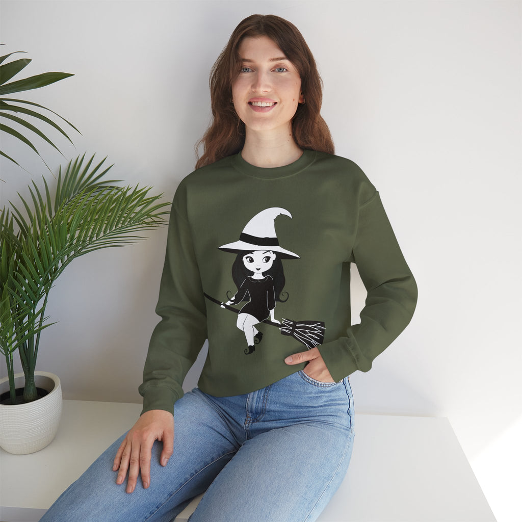 Witch on Broom Crewneck Sweatshirt — Cute Retro Halloween Witch Graphic