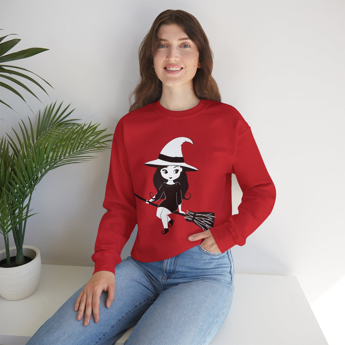 Witch on Broom Crewneck Sweatshirt — Cute Retro Halloween Witch Graphic