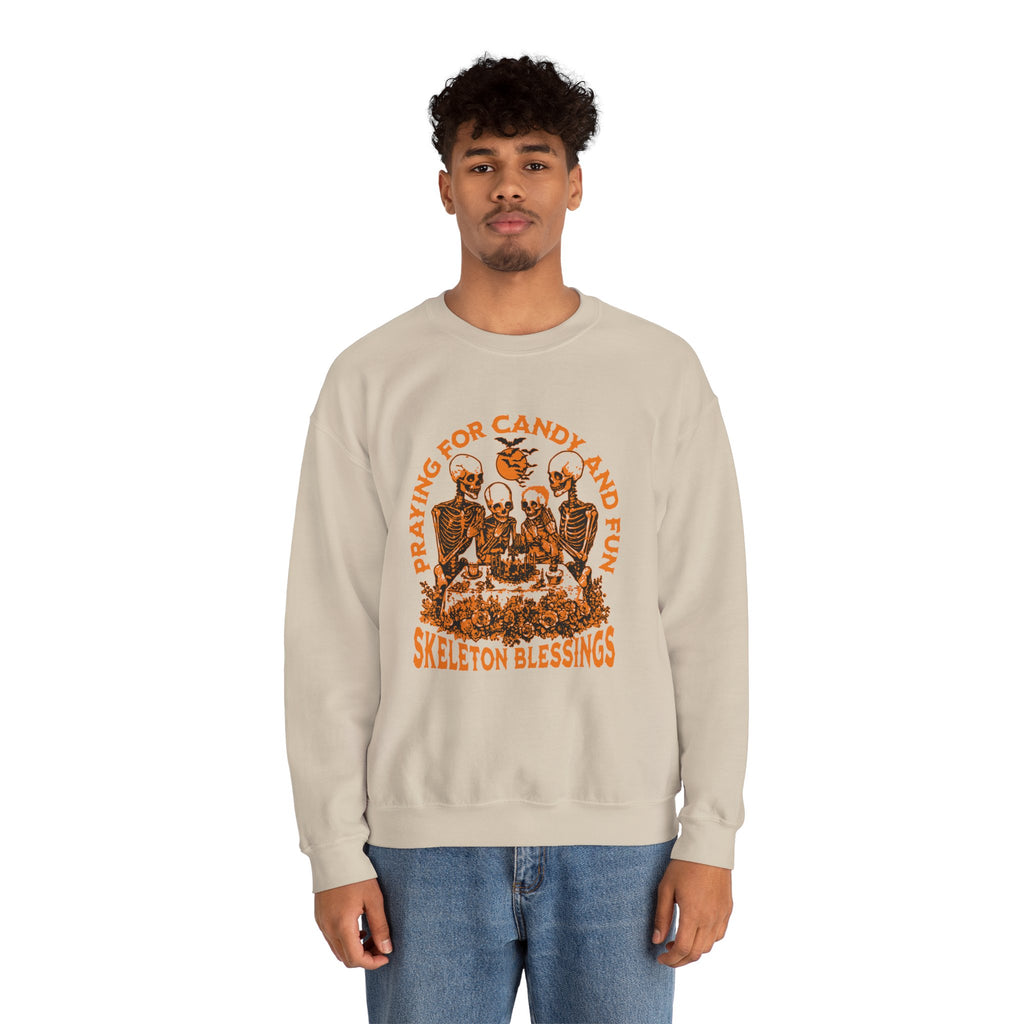 Skeleton Blessings Crewneck Sweatshirt — Praying for Candy and Fun Halloween Sweater