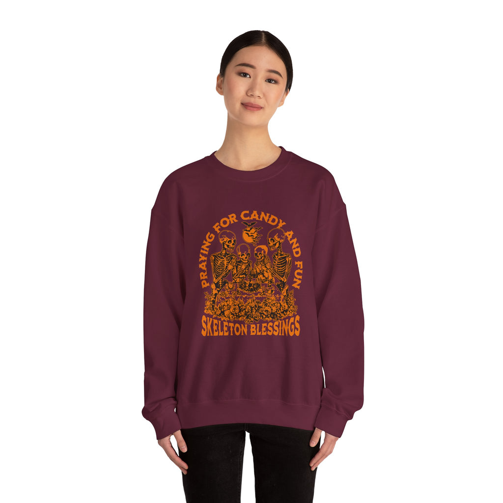 Skeleton Blessings Crewneck Sweatshirt — Praying for Candy and Fun Halloween Sweater