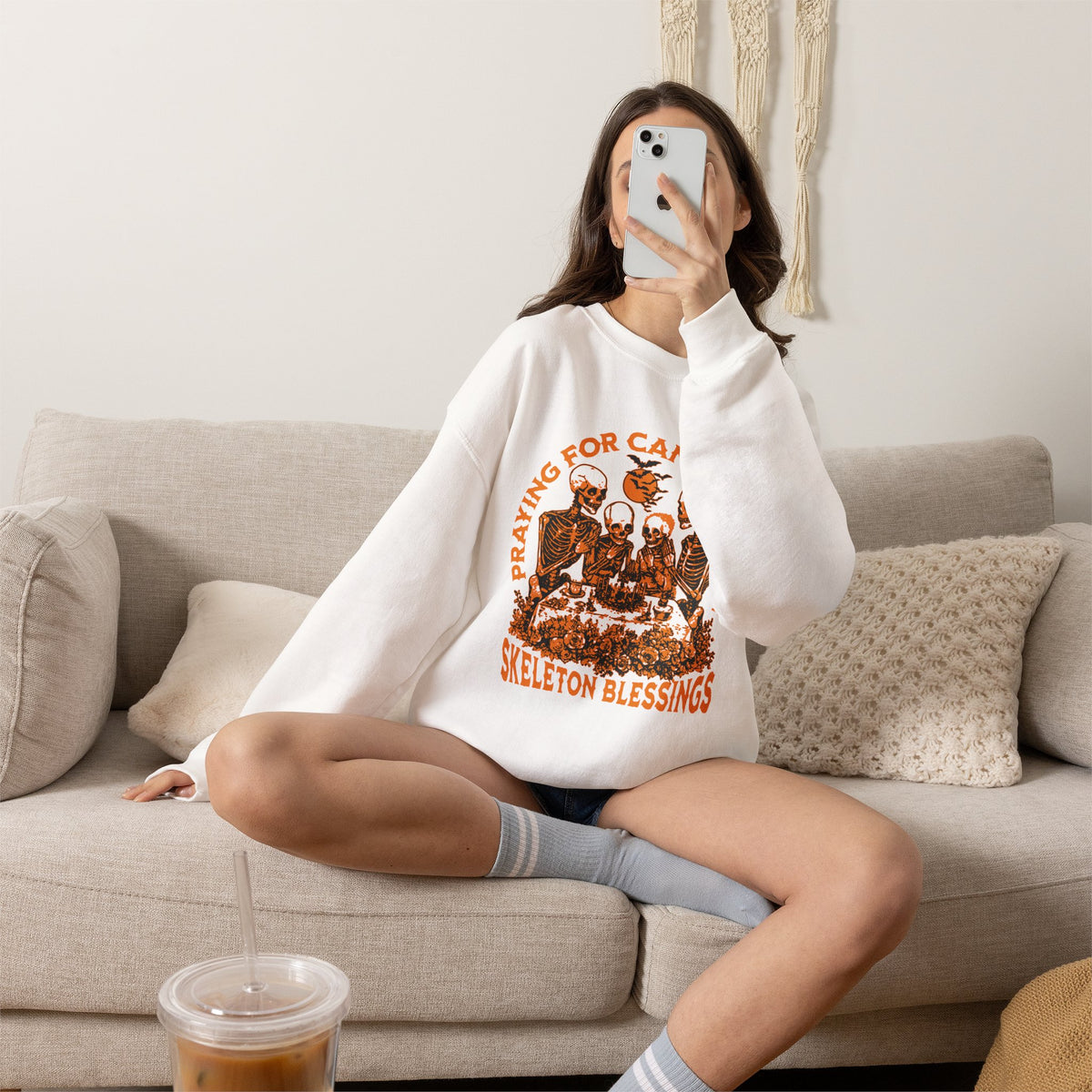 Skeleton Blessings Crewneck Sweatshirt — Praying for Candy and Fun Halloween Sweater