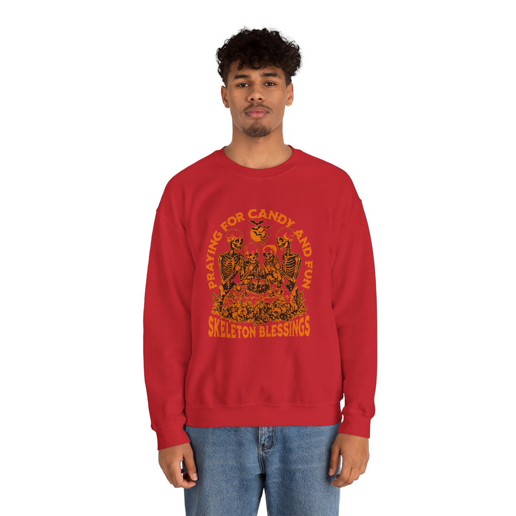 Skeleton Blessings Crewneck Sweatshirt — Praying for Candy and Fun Halloween Sweater
