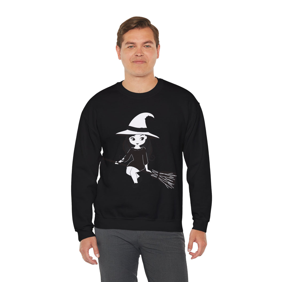 Witch on Broom Crewneck Sweatshirt — Cute Retro Halloween Witch Graphic