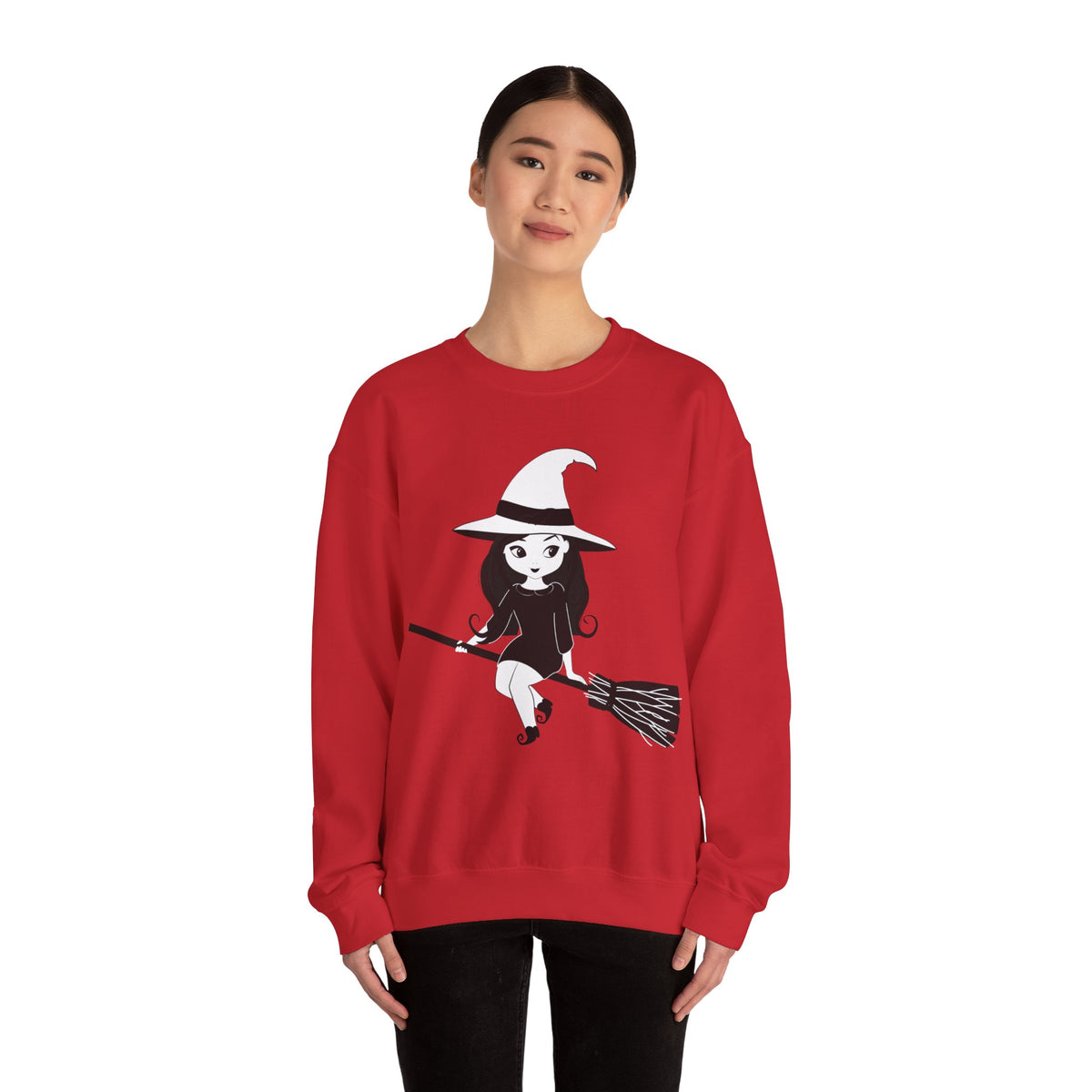 Witch on Broom Crewneck Sweatshirt — Cute Retro Halloween Witch Graphic