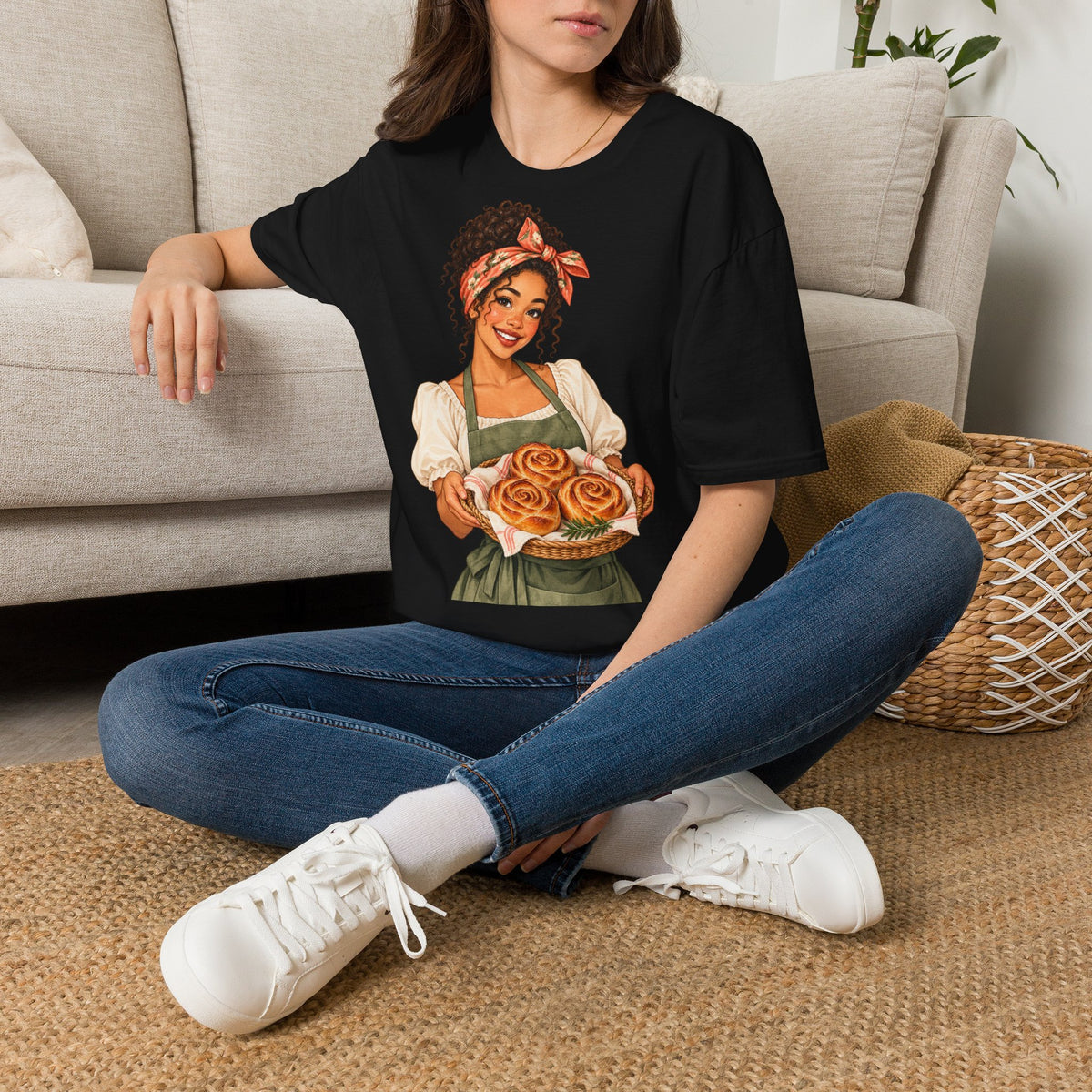 T-Shirt — Baker Girl Holding Fresh Buns Vintage Illustration