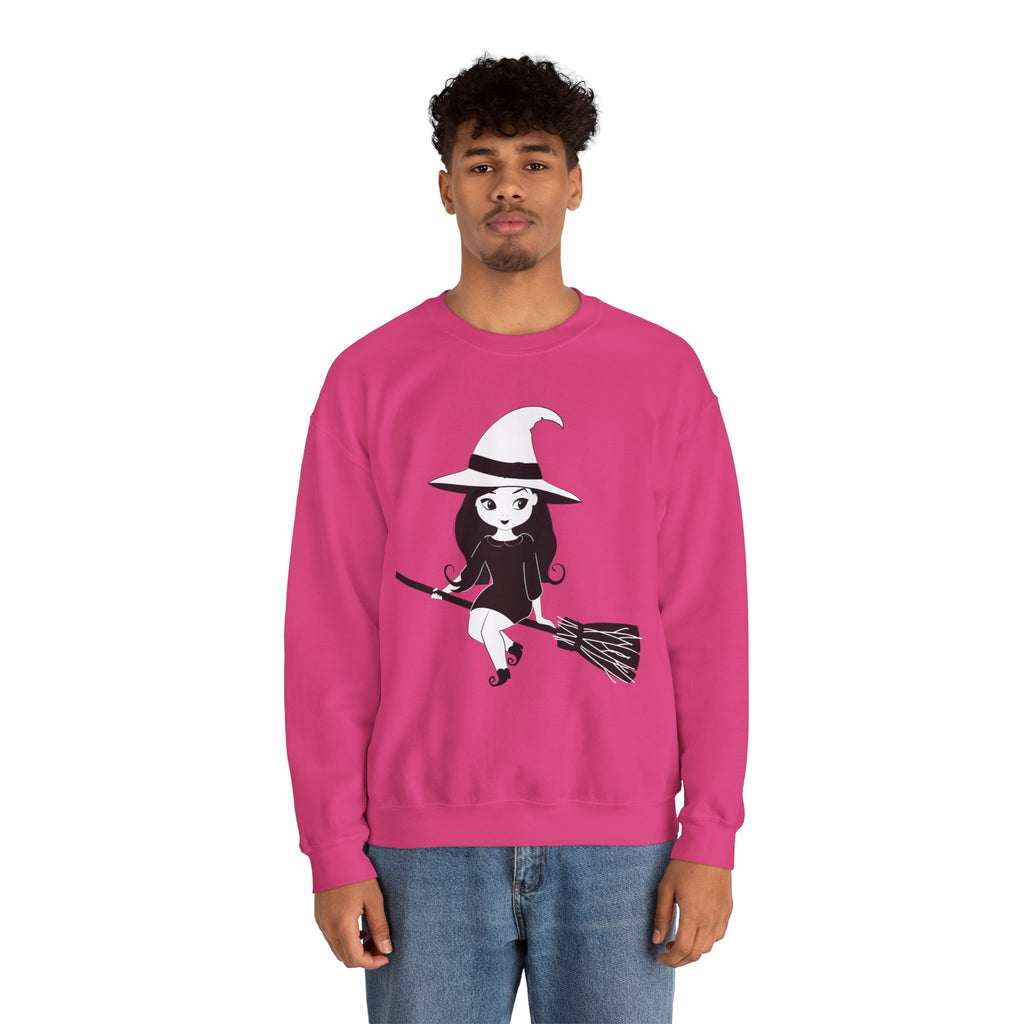 Witch on Broom Crewneck Sweatshirt — Cute Retro Halloween Witch Graphic