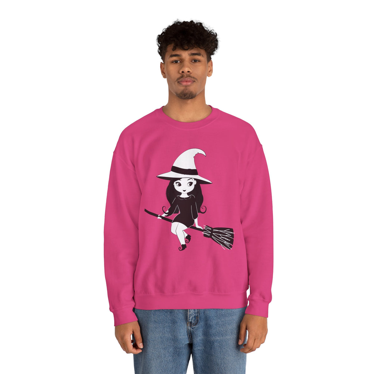 Witch on Broom Crewneck Sweatshirt — Cute Retro Halloween Witch Graphic