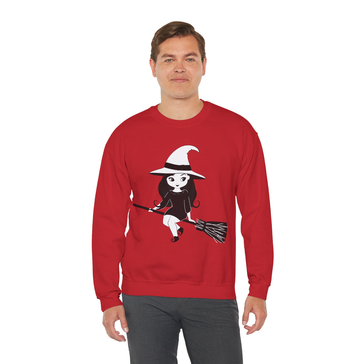 Witch on Broom Crewneck Sweatshirt — Cute Retro Halloween Witch Graphic