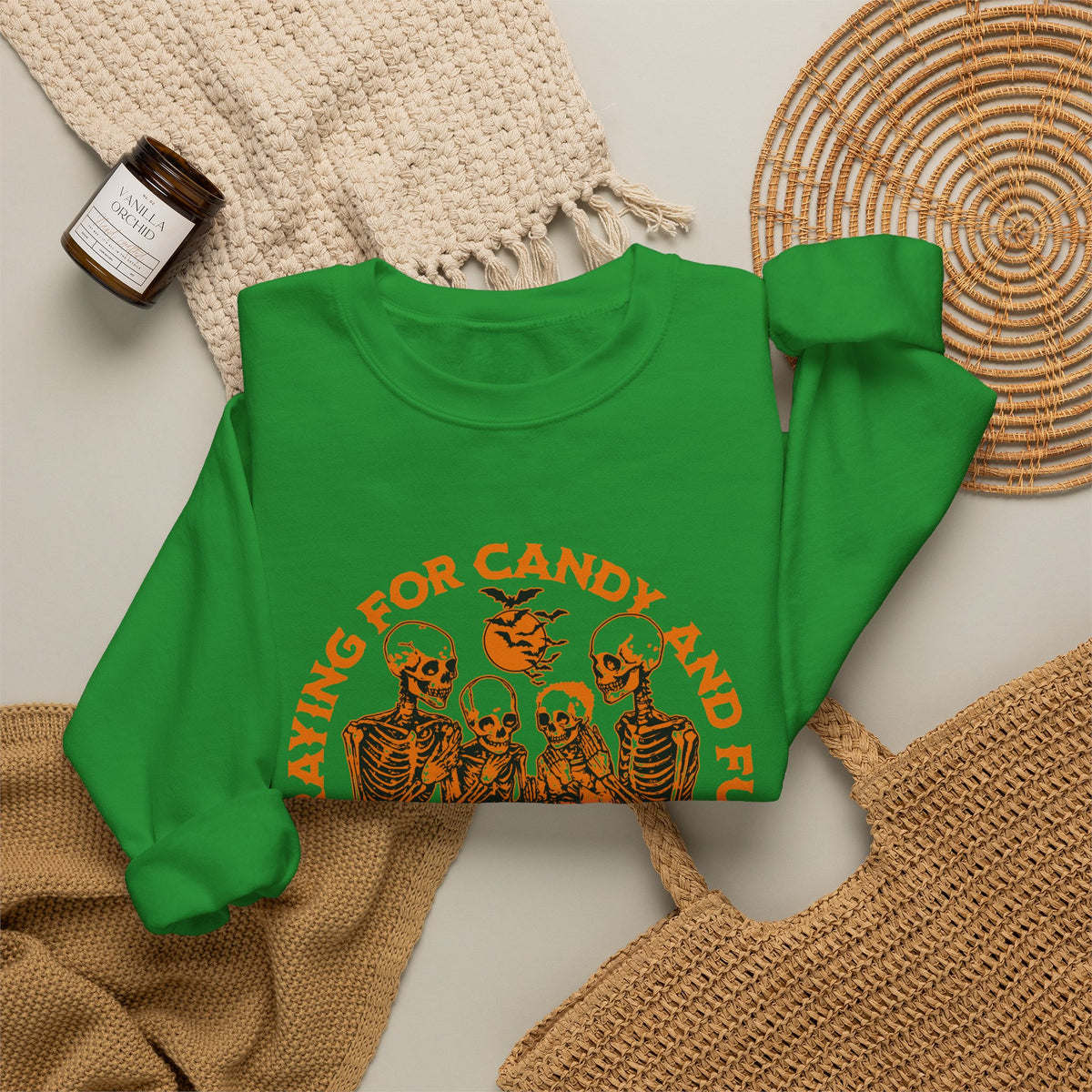 Skeleton Blessings Crewneck Sweatshirt — Praying for Candy and Fun Halloween Sweater