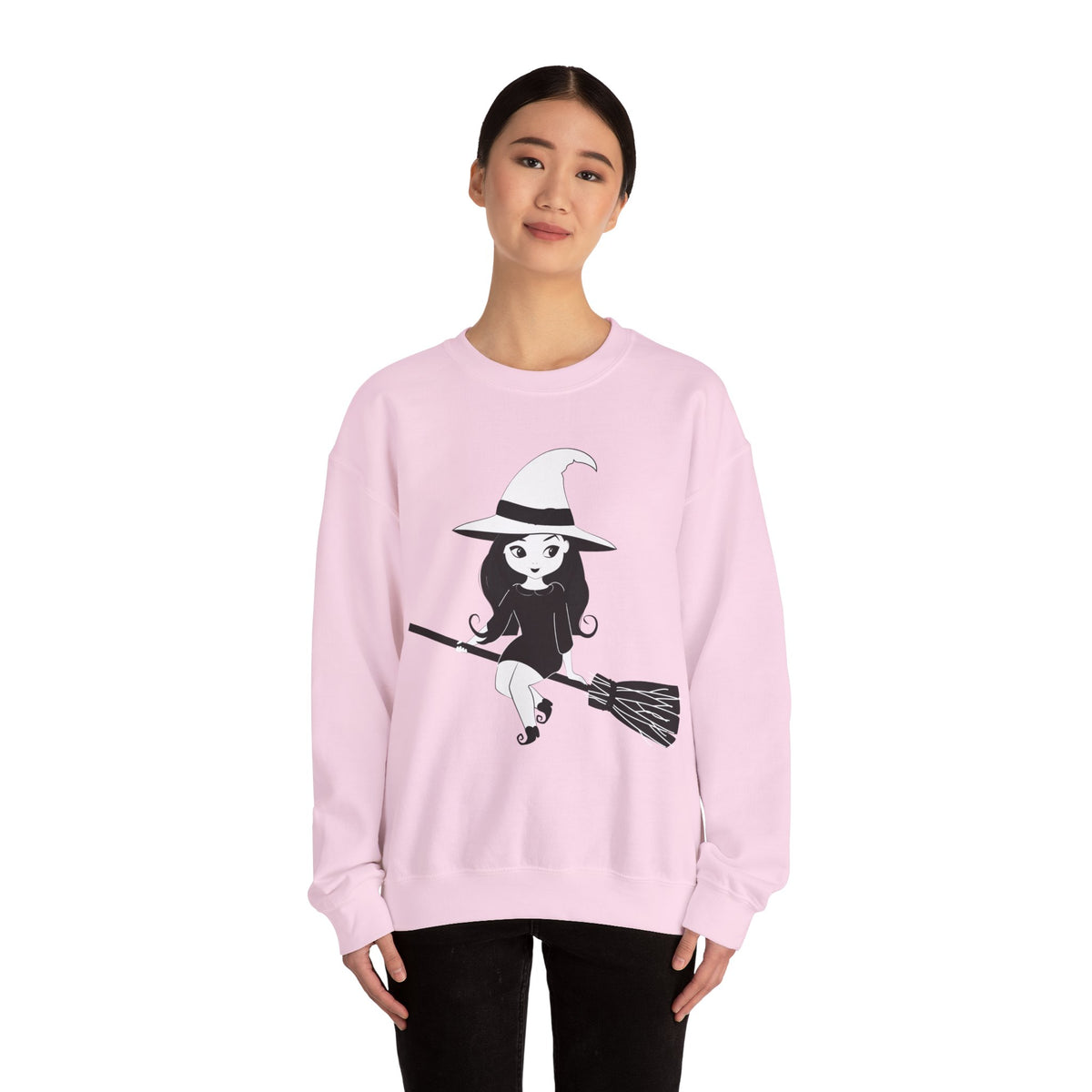Witch on Broom Crewneck Sweatshirt — Cute Retro Halloween Witch Graphic