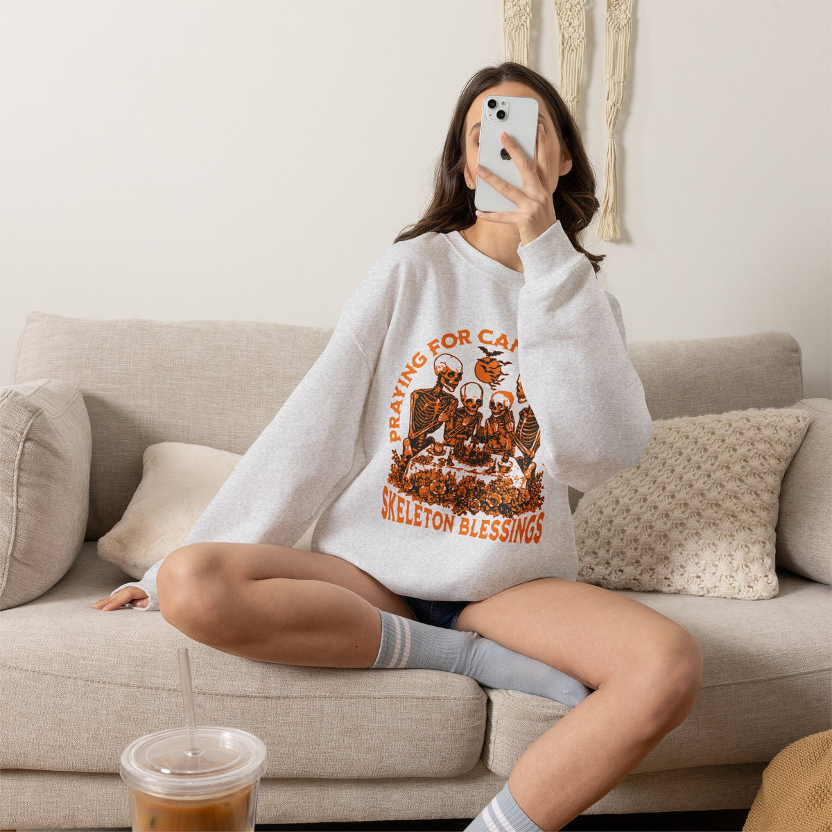 Skeleton Blessings Crewneck Sweatshirt — Praying for Candy and Fun Halloween Sweater