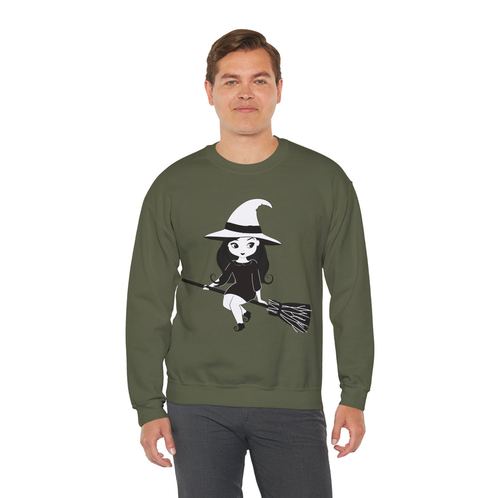 Witch on Broom Crewneck Sweatshirt — Cute Retro Halloween Witch Graphic