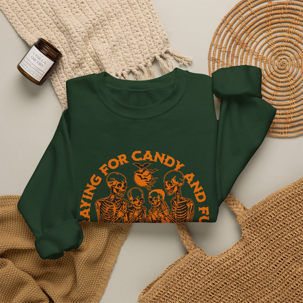 Skeleton Blessings Crewneck Sweatshirt — Praying for Candy and Fun Halloween Sweater
