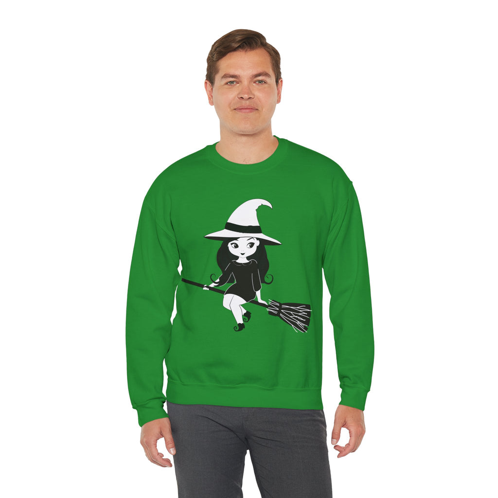 Witch on Broom Crewneck Sweatshirt — Cute Retro Halloween Witch Graphic