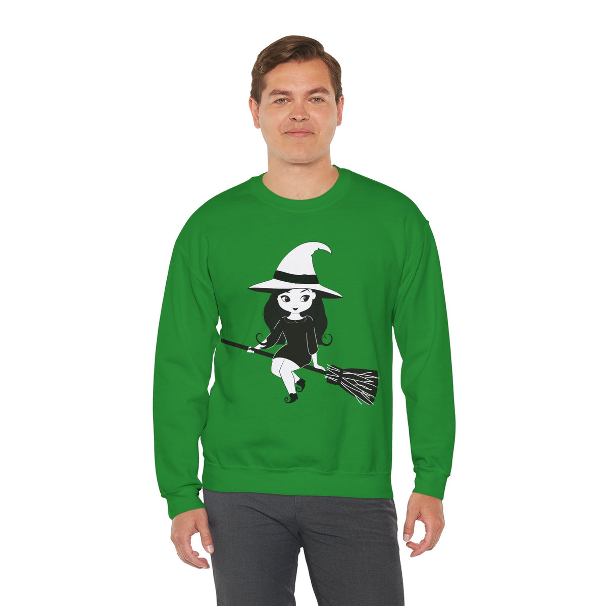 Witch on Broom Crewneck Sweatshirt — Cute Retro Halloween Witch Graphic