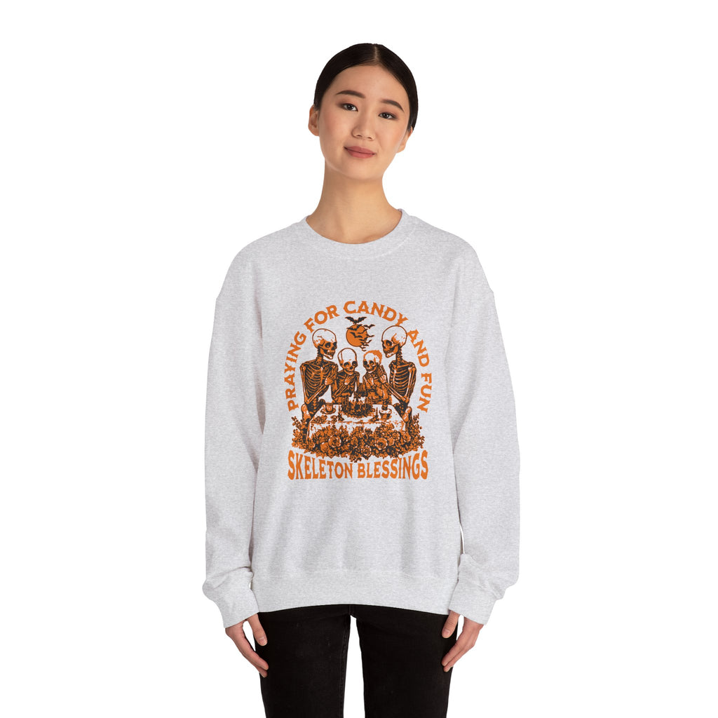 Skeleton Blessings Crewneck Sweatshirt — Praying for Candy and Fun Halloween Sweater